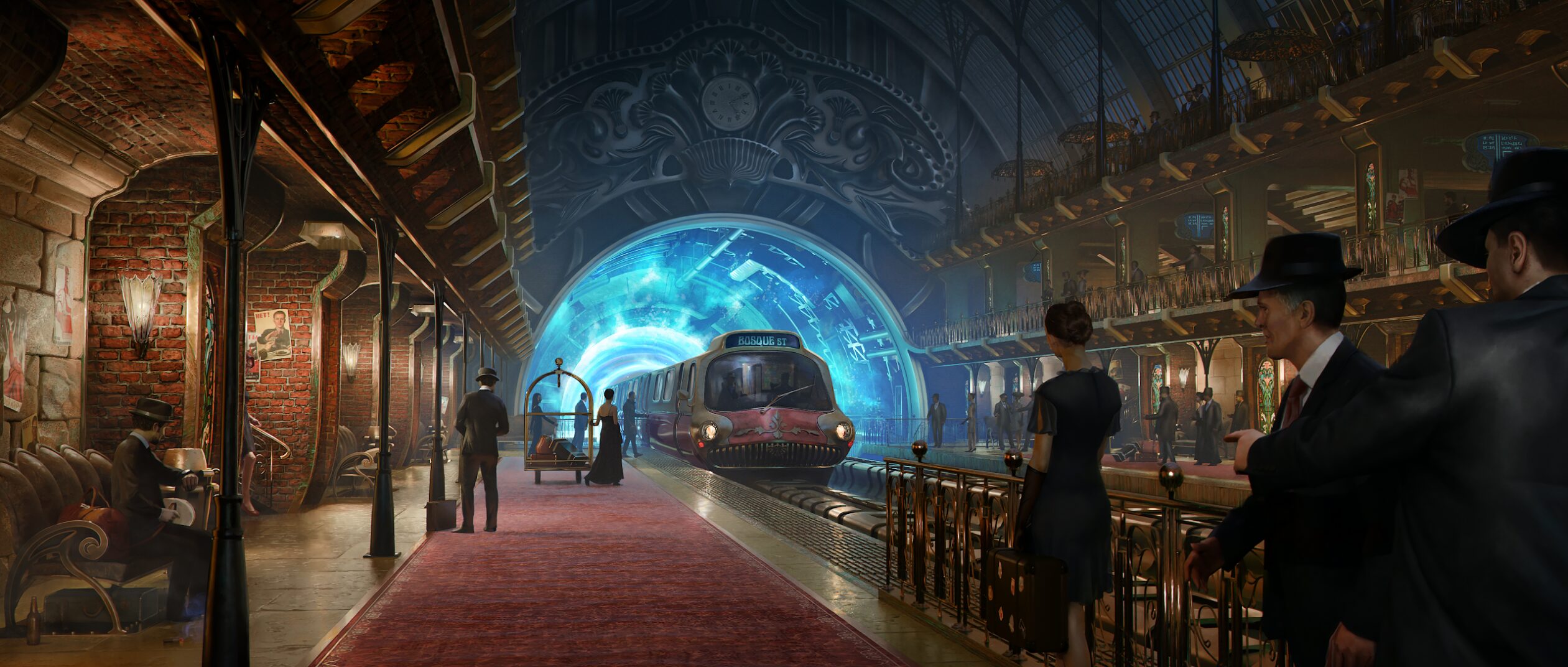 Hues of Lou - Retro Futuristic trainstation - Keyframe art by Louella Hendriksen